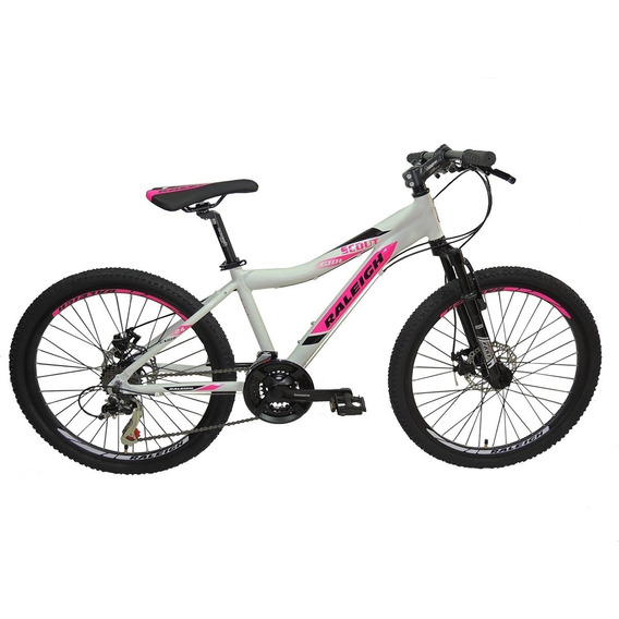 Mountain bike infantil Raleigh Scout  2022 R24 21v frenos de disco mecánico cambios Shimano Tourney TY500 y Shimano Tourney TY300 color blanco/rosa  