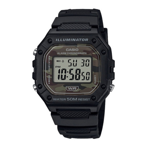 Reloj pulsera Casio Youth W-218H de cuerpo color negro, digital, para hombre, fondo camuflaje, con correa de resina color negro, dial negro, minutero/segundero negro, bisel color negro, luz ámbar y hebilla simple