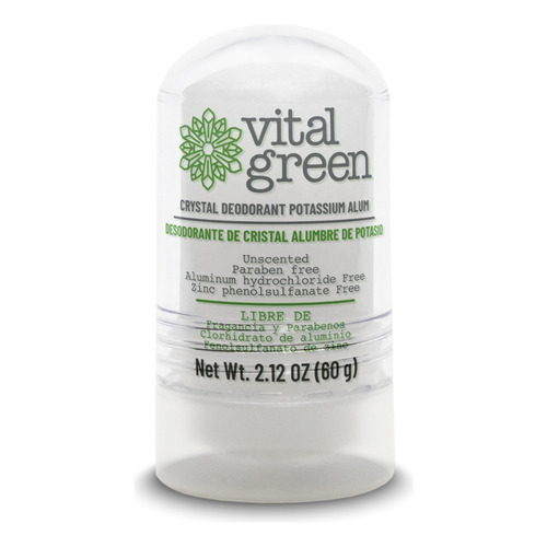 Vital Green desodorante natural de piedra cristal de alumbre de potasio sin parabenos y sin alcohol elimina el olor y no mancha presentación 60g 1 pieza