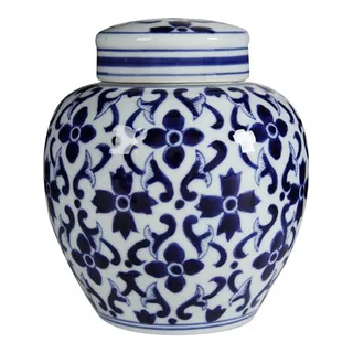 Jarrón Oriental Con Tapa | Porcelana | Azul Y Blanco 