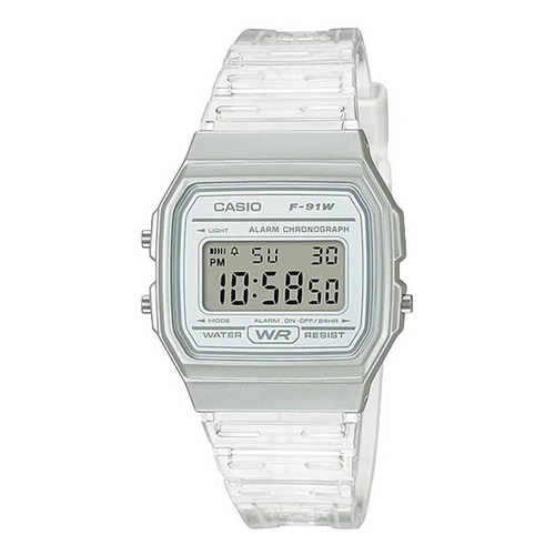 Reloj de pulsera Casio Collection F-91WG-9QDF-SC de cuerpo color plateado, digital, para hombre, fondo gris, con correa de resina color transparente, dial negro, minutero/segundero negro, bisel color plateado y hebilla simple