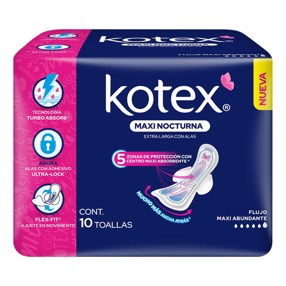 Toallas Femeninas Kotex Nocturna Flujo Maxi Abundante 10 P