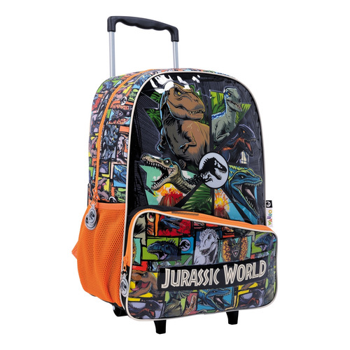 Mochila Con Carro Grande 18 Jurassic World Dinosaurios Color Negro con Naranja