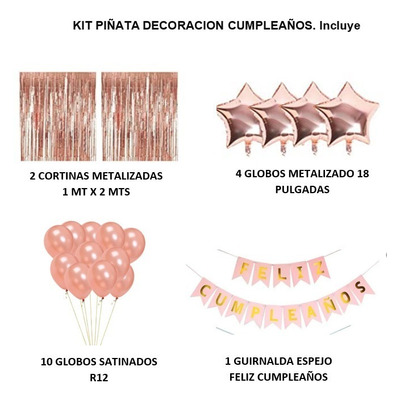 Kit Set Decoración Oro Rosa Cumpleaños Cortinas Bombas Guirn