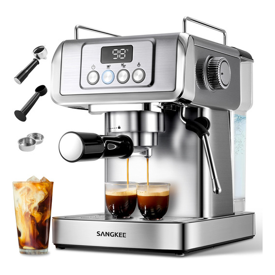 Cafetera Espresso, Máquina De Café Espresso Y Cappuccino 19 Bares, Sangkee Cafetera Compatible Con Café Molido, con Espumador de Leche, Para Preparar Café Espresso, Latte, Acero Inoxidable,1350W, Esi2