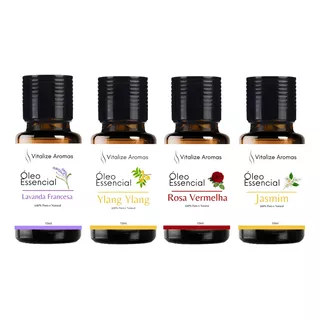 Kit Óleos Essenciais Ylang Jasmim Rosa Vermelha Lavanda