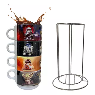 Kit Jogo 4 Xícaras De Café Star Wars Torre Com Suporte 150ml