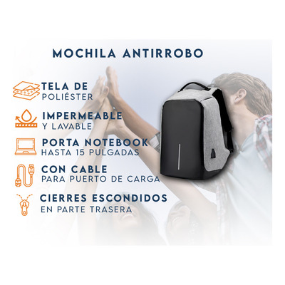 Mochila Antirrobo Impermeable Porta Notebook Usb Anticorte Color Negro Diseño De La Tela Liso