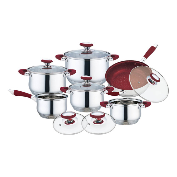 Bateria De Cocina 12 Pz Omania Induccion Acero Inox Fraciel Color Rojo