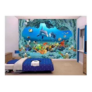 Papel De Parede Oceano Mar Golfinhos Peixes 3d M² Fm88