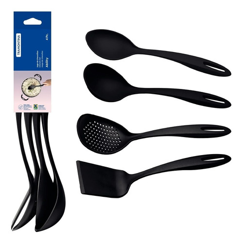 Juego de utensilios Tramontina de nylon, soporte para cucharas de silicona, color negro