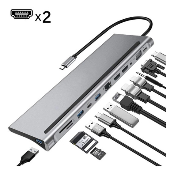 Adaptador Usb Tipo C 12 En 1 Con 2 Hdmi Para Macbook