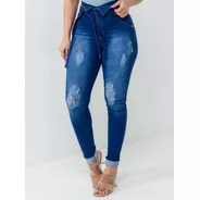 Calça Jeans Feminina Cintura Clochard Laço Amarrar Lycra