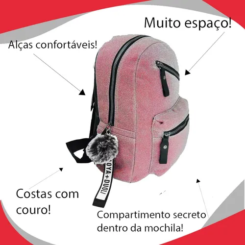Mochila escolar cinta con pompones bolsillo brillante color