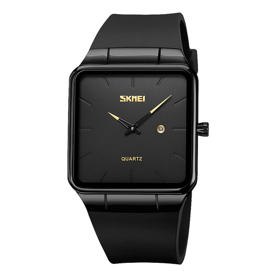 Reloj Unisex Skmei 1961 Silicona Fecha Minimalista Clasico Malla Negro Bisel Negro Fondo Negro