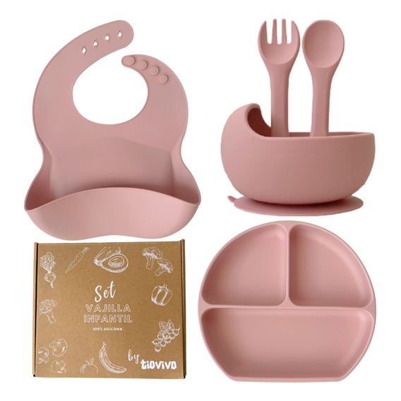 Set Alimentación Bebé Silicona Babero Plato Bowl Cubiertos