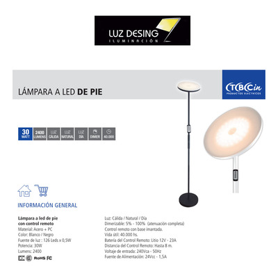 Lampara Velador De Pie Led Prime 30w Negra Luz Cct Tbcin