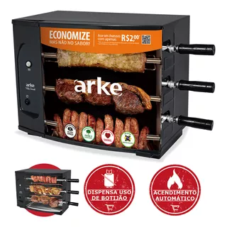 Assador Elétrico Arke Vitta Smart 03 Espetos Rotativo 220v Cor Preto