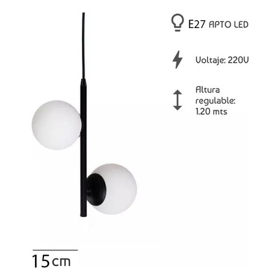 Colgante 2 Luces Vertical Elyn E27 Negro Globo Opal 15cm 