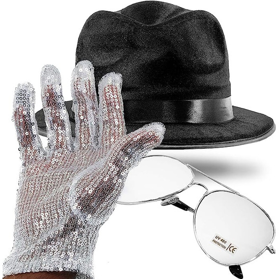 Kit Michael Jackson Disfraz Juego De 3 Guantes De Lentejuelas Y Lentes De Sol Fedora Hat