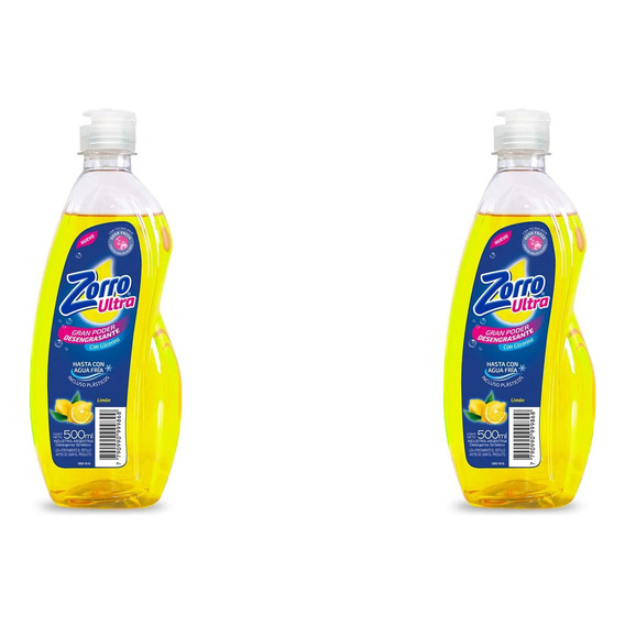 Detergente Lavavajilla Concentrado Limon 500ml Zorro Pack X2