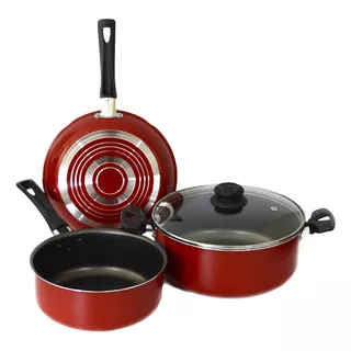 Set De Cocina Ollas + Sartén Antiadherente 4 Piezas Piamonte Color Rojo