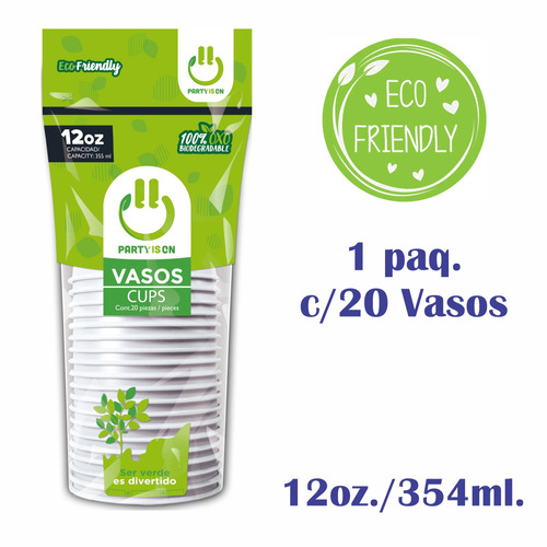 Vaso Desechable de Plástico 12 Oz. Marca Party is On - 20 Piezas