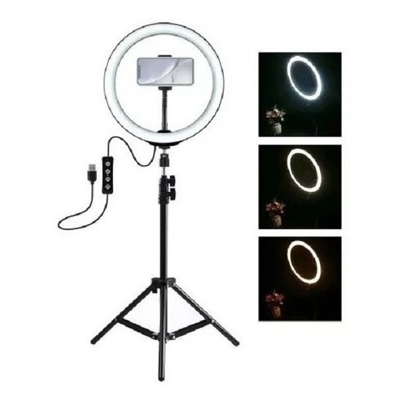 Aro De Luz Led Flash 26 Cm Fotografía Selfie + Trípode Color De La Estructura Negro Color De La Luz Niveles De Blanco 110v