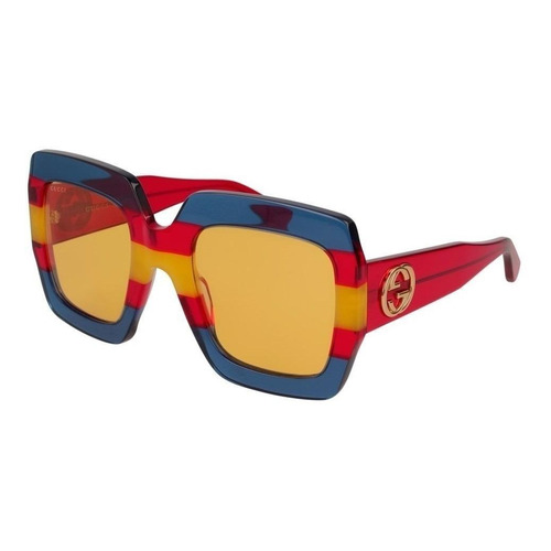 Anteojos de sol Gucci GG0178S con marco de acetato color amarillo/azul/rojo, lente amarilla clásica, varilla roja de acetato