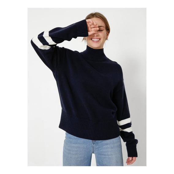 Sweater Cuello Alto Con Logo Azul Tommy Hilfiger