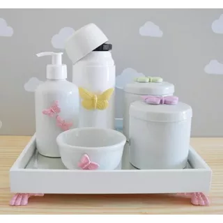 Kit Higiene Porcelana Bebê Borboletas Moderno K045 Colorido