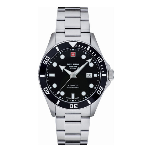 Reloj Swiss Alpine Military Deep Sea Diver 300m 7095.2137sam Malla Plateado Bisel Negro Fondo Negro