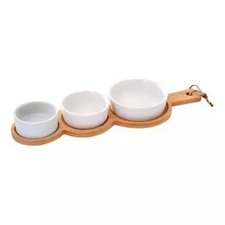 Conj Petisqueira 3 Bowls Porcelana +tabua Bambu Wincy