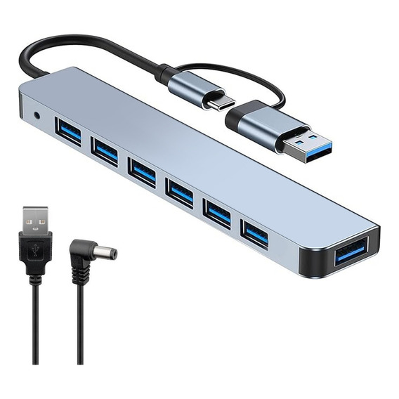 Hub Usb 7 Puertos 3.0 Tipo C Alta Velocidad 5gbps Energizado Color Negro