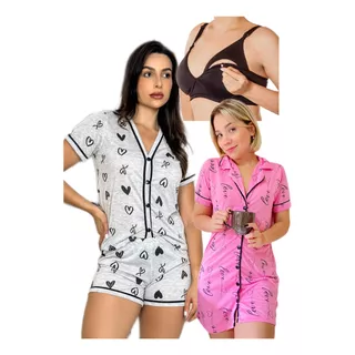 Kit Amamentação 3 Peças Pijama Americano,sutiã E Camisola 
