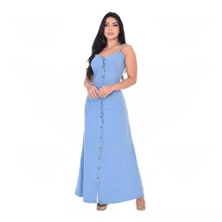 Vestido Jeans Longo Com Botões Tendência Moda Verão Panicat