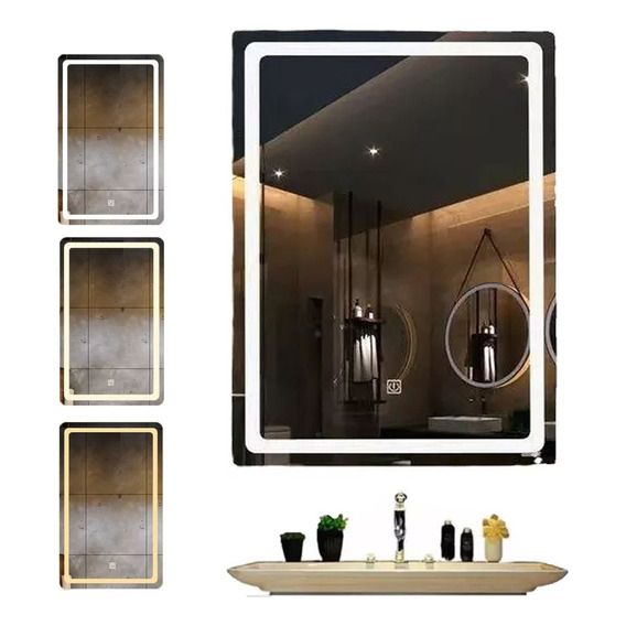 Espejo Cuadrado Del Baño 60x40 Con Táctil  Y Luz Led 3 Tonos