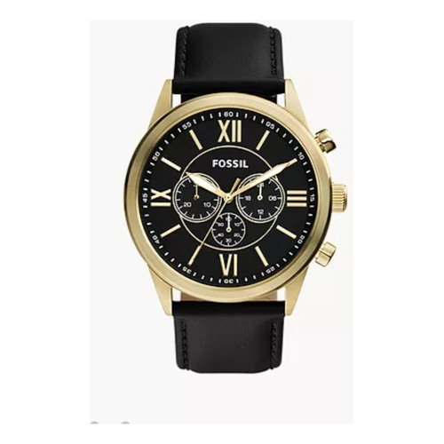 Fossil Reloj Flynn Bq2823 Acero Y Correa De Piel 48 Mm Correa Negro Bisel Dorado Fondo Negro