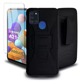 Funda Protector P/ Samsung A21s Uso Rudo Clip + Cristal Color Negro