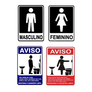 04 Placa Banheiro Masculino E Feminino + Banheiro Limpo