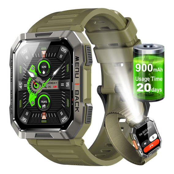 FeipuQu Smart watch Reloj inteligente W60 de 2.1 pulgadas Hombre Militar Linterna Bluetooth IP68 Resistente Al Agua Batería de 900 mAh