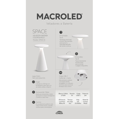 Velador De Mesa Space Blanco Inalámbrica Led Mc