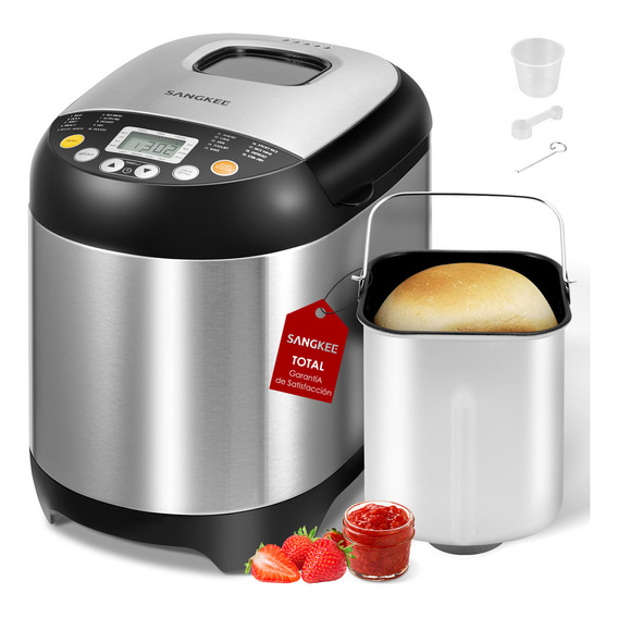 Sangk máquina pan máquina para hacer pan automática con bandeja antiadherente para pan 15h temporizador y 1h para mantener caliente con 3 tamaños de pan 3 colores de corteza recetas acero inoxidable