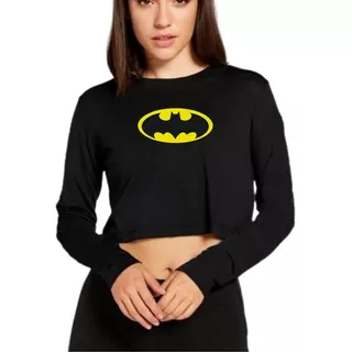 Crop Top Negro Manga Larga *batman* Mujer/moda Casual Otoño