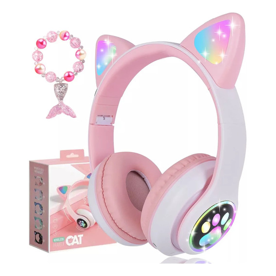 Audifonos Orejas De Gato Bluetooths 5.1 Led Diadema Ninos Color Rosa