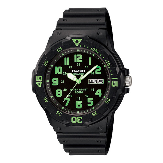 Reloj pulsera Casio Youth MRW-200 de cuerpo color negro, analógico, para hombre, fondo negro, con correa de resina color negro, agujas color blanco y verde, dial verde, minutero/segundero verde, bisel