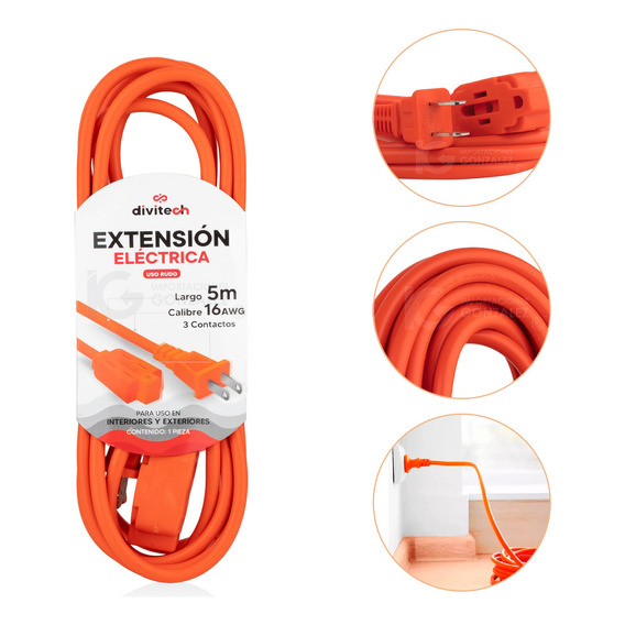 Extensión Eléctrica Uso Rudo Multicontacto 5 Metros Cable De Cobre Cal.16 Awg. Divitech ELACMU-0002 Color Naranja 3 Tomas De Corriente