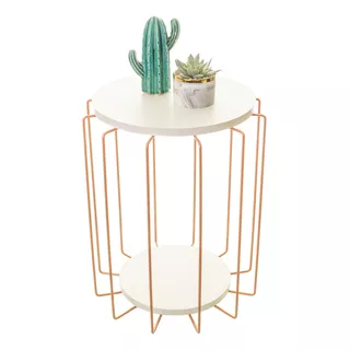 Mesa Lateral Canto Redonda Apoio Cama Sofá Industrial Rosè Cor Rose Gold E Branco