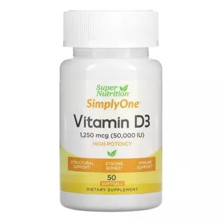 Super Nutrition, Simply One, Vitamina D-3, 50.000 Ui, 50 Cáp Sabor Sem