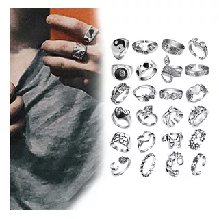 24 Anillos Vintage De Plata Gótica Para Hombres Mujeres Punk